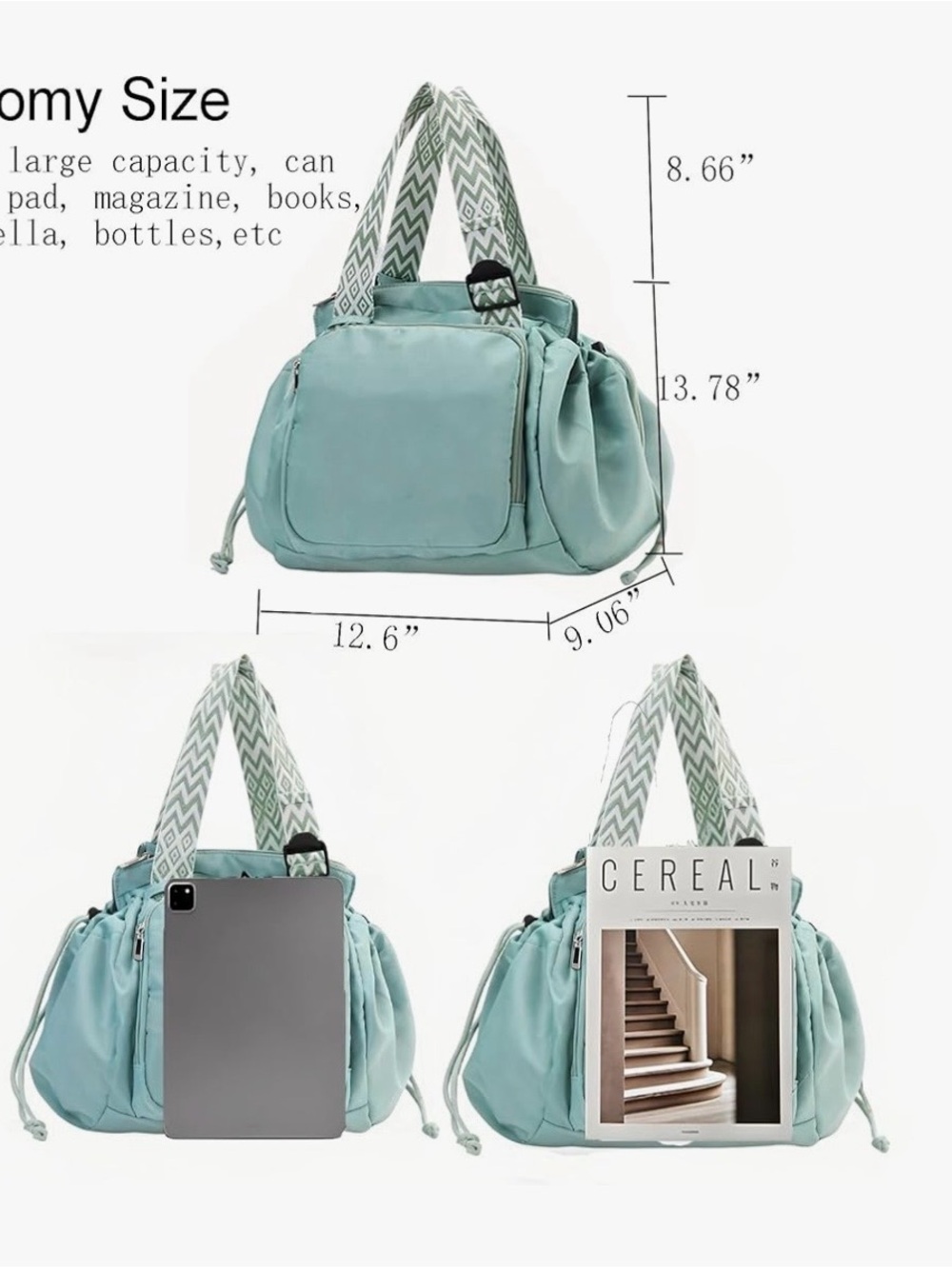 Mint Green Convertible Tote Backpack Travel Bag Aqua Multi Pocket - Picture 4 of 10